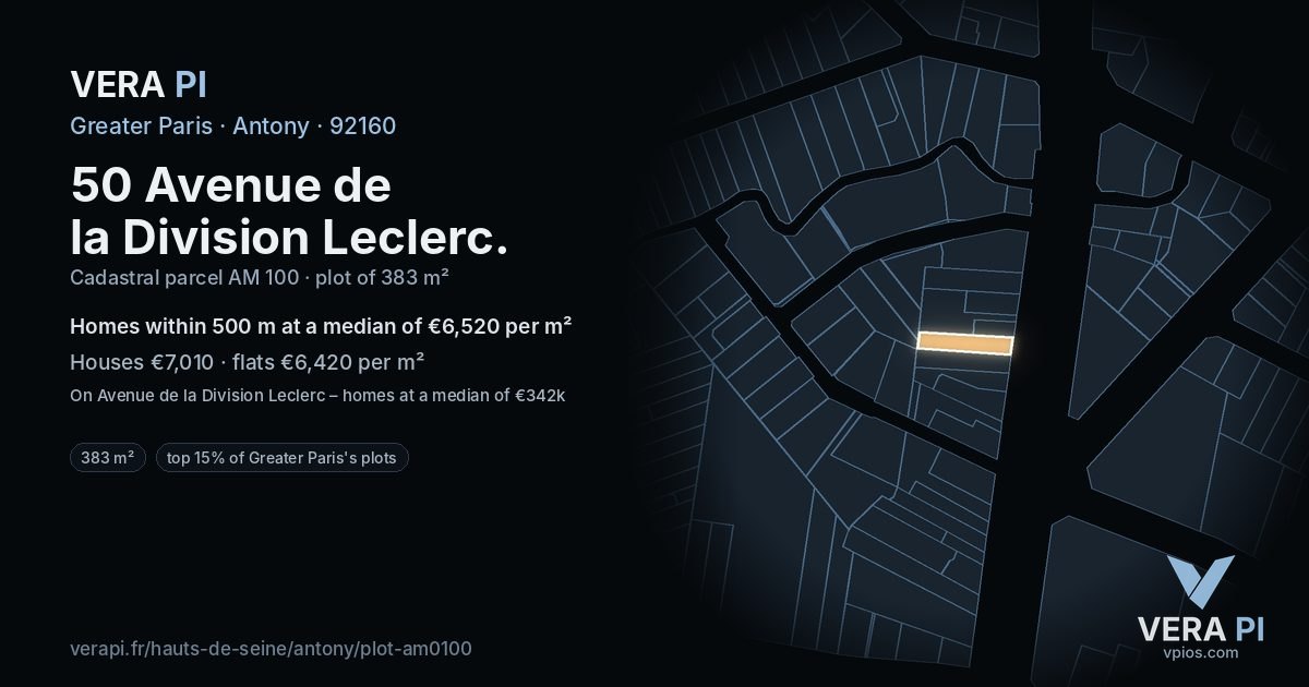 50 Avenue de la Division Leclerc, Antony at night – the plot lit, the parcels around coloured by the prices near them