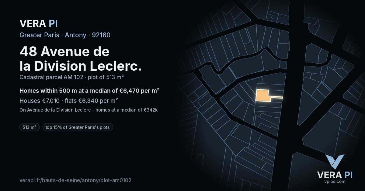 48 Avenue de la Division Leclerc, Antony at night – the plot lit, the parcels around coloured by the prices near them