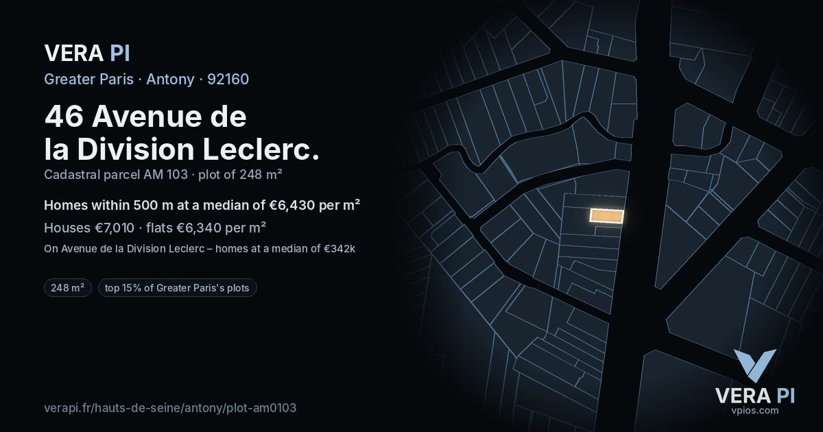 46 Avenue de la Division Leclerc, Antony at night – the plot lit, the parcels around coloured by the prices near them