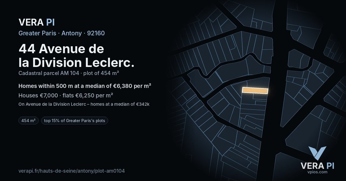 44 Avenue de la Division Leclerc, Antony at night – the plot lit, the parcels around coloured by the prices near them