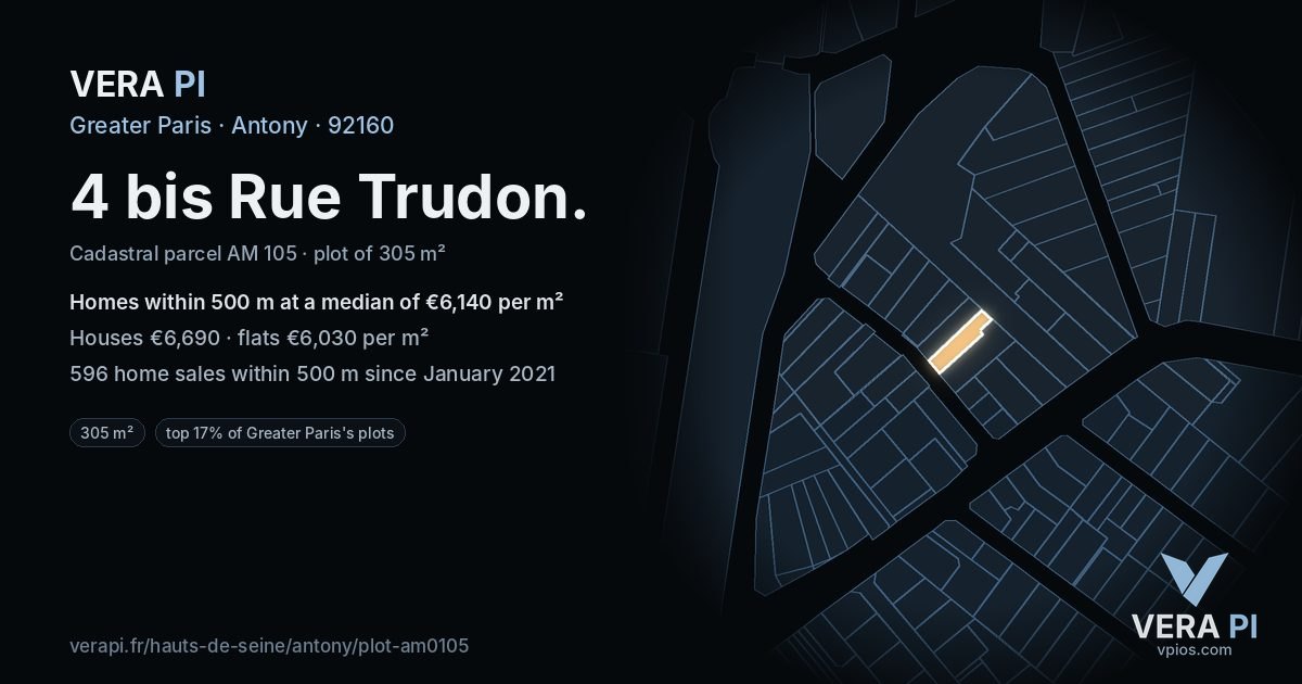 4 bis Rue Trudon, Antony at night – the plot lit, the parcels around coloured by the prices near them
