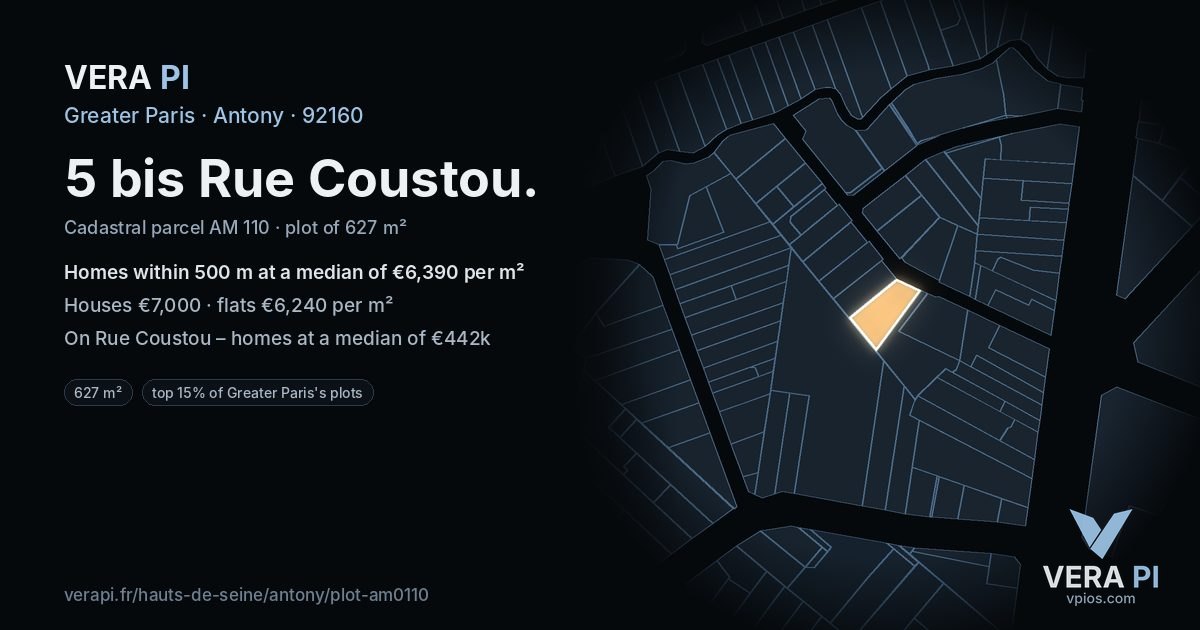 5 bis Rue Coustou, Antony at night – the plot lit, the parcels around coloured by the prices near them