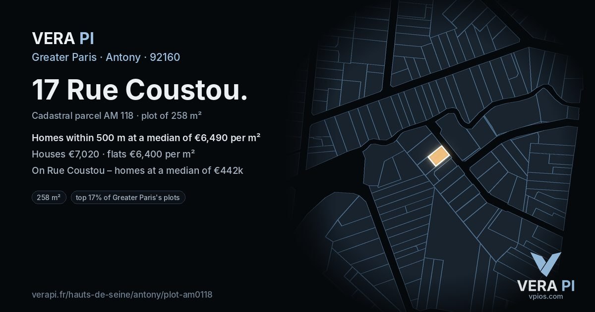 17 Rue Coustou, Antony at night – the plot lit, the parcels around coloured by the prices near them
