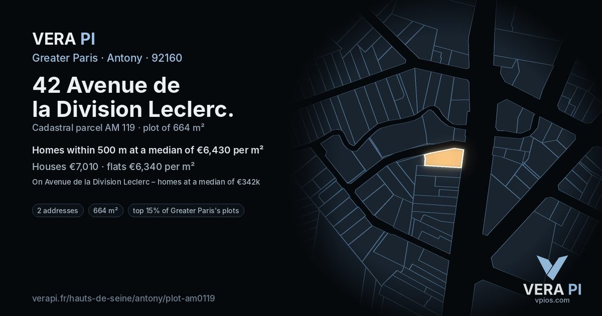 42 Avenue de la Division Leclerc, Antony at night – the plot lit, the parcels around coloured by the prices near them