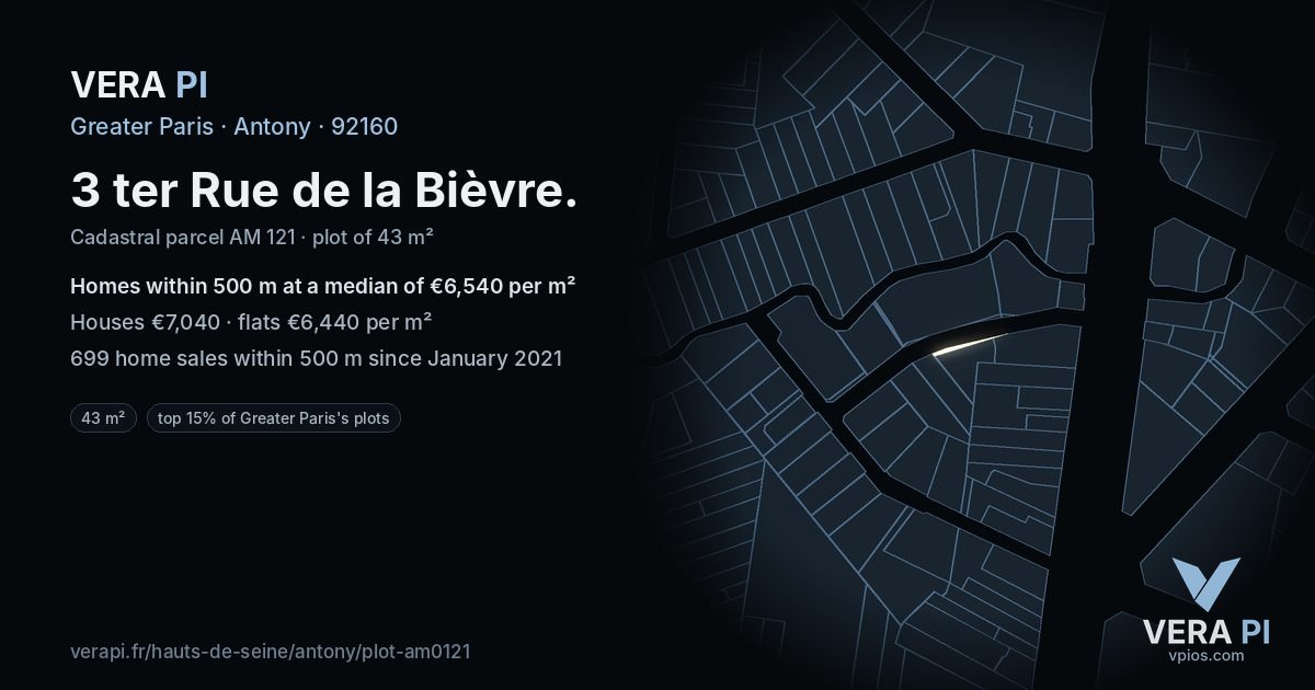 3 ter Rue de la Bièvre, Antony at night – the plot lit, the parcels around coloured by the prices near them