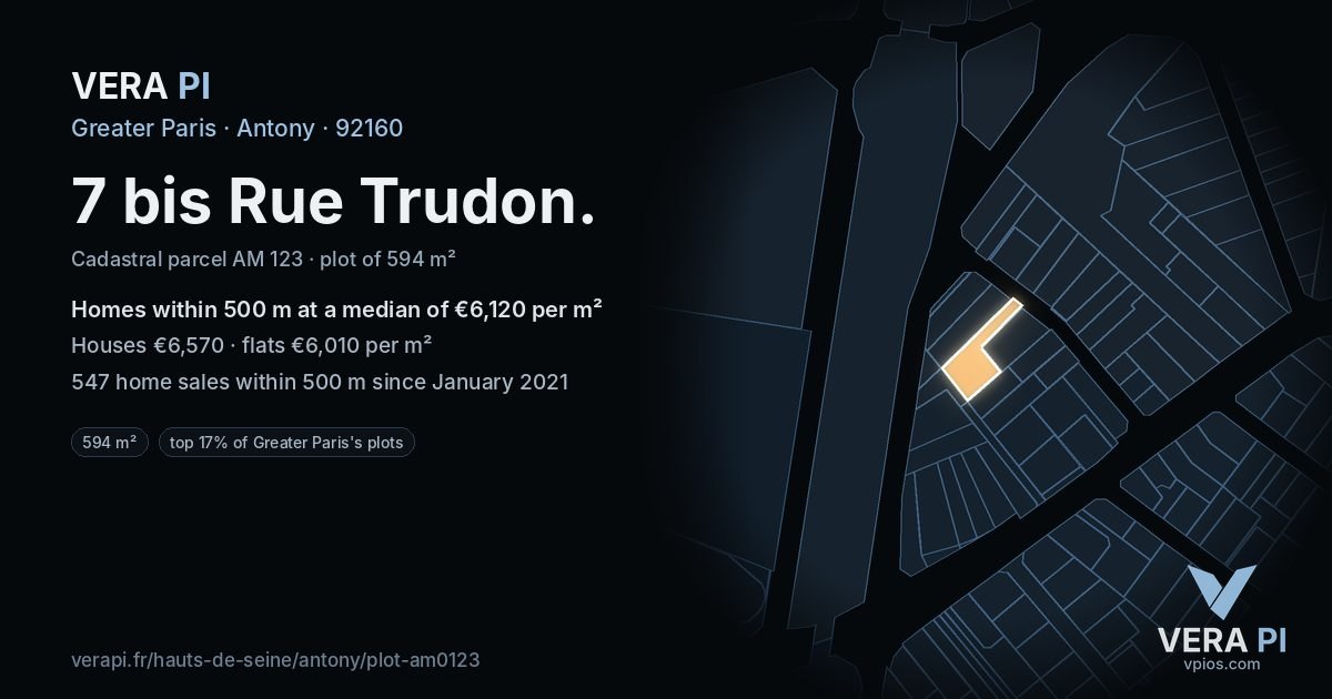 7 bis Rue Trudon, Antony at night – the plot lit, the parcels around coloured by the prices near them