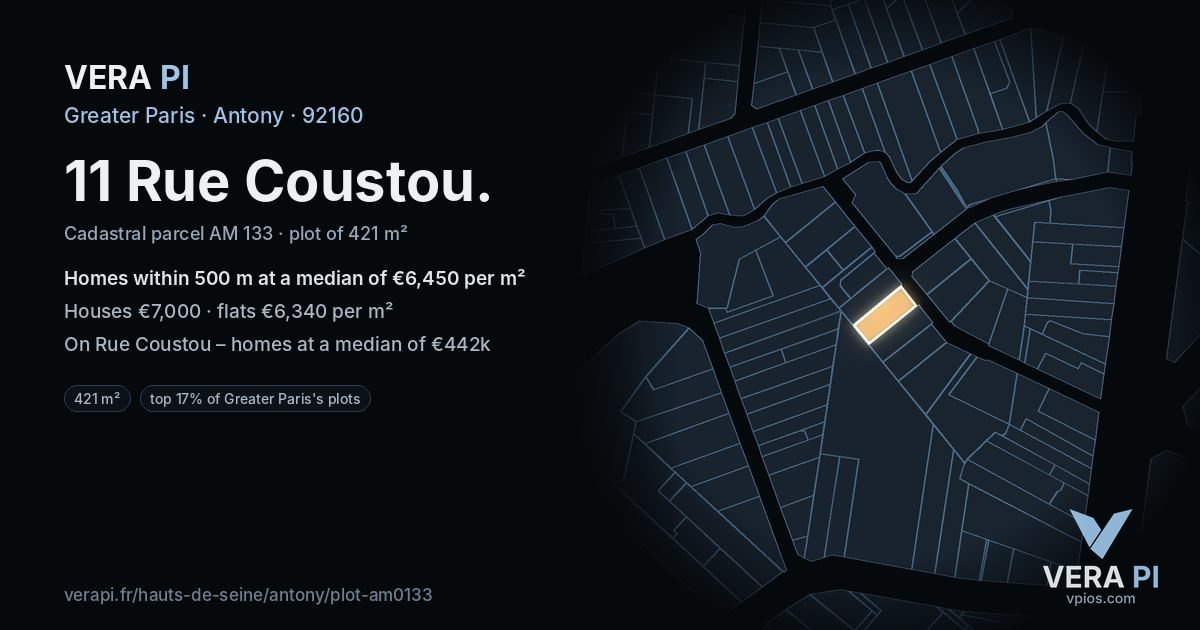 11 Rue Coustou, Antony at night – the plot lit, the parcels around coloured by the prices near them