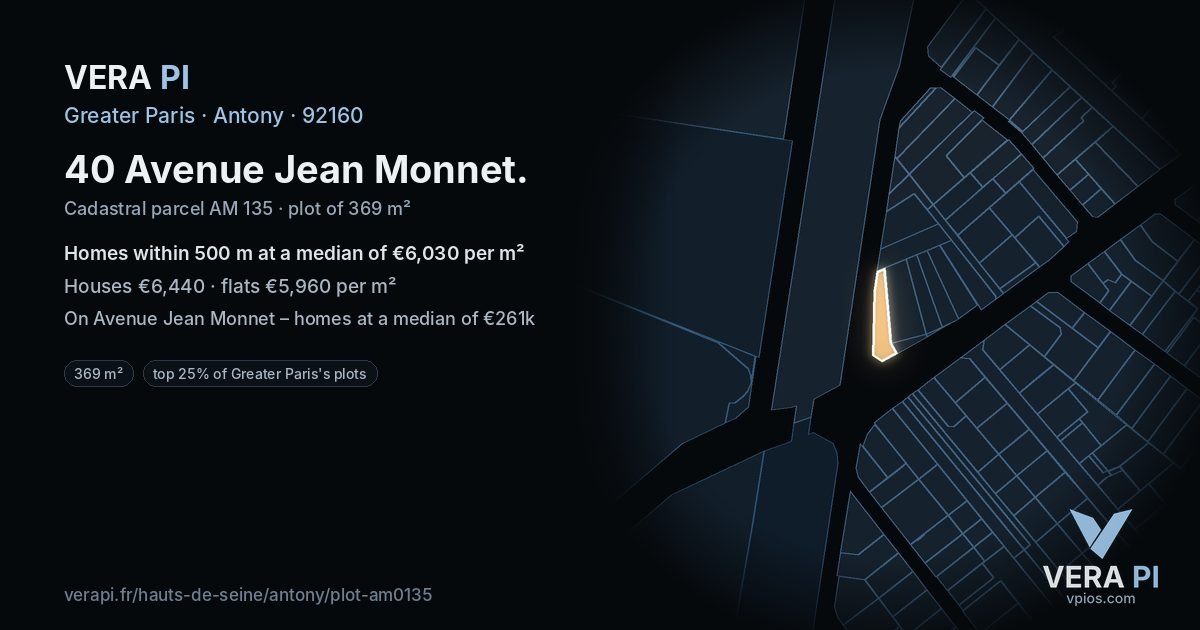 40 Avenue Jean Monnet, Antony at night – the plot lit, the parcels around coloured by the prices near them