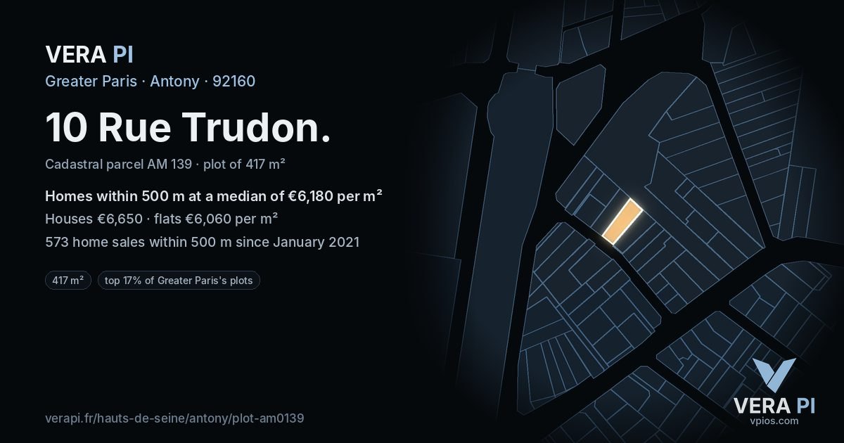 10 Rue Trudon, Antony at night – the plot lit, the parcels around coloured by the prices near them
