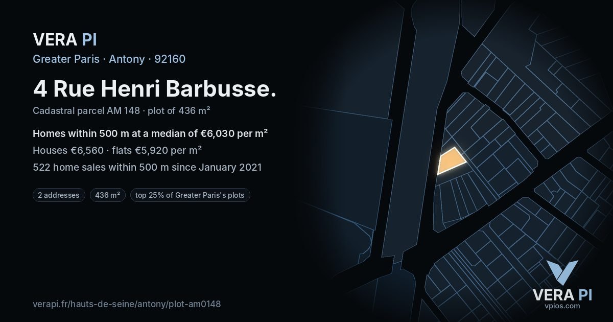 4 Rue Henri Barbusse, Antony at night – the plot lit, the parcels around coloured by the prices near them