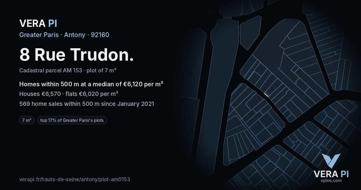 8 Rue Trudon, Antony at night – the plot lit, the parcels around coloured by the prices near them