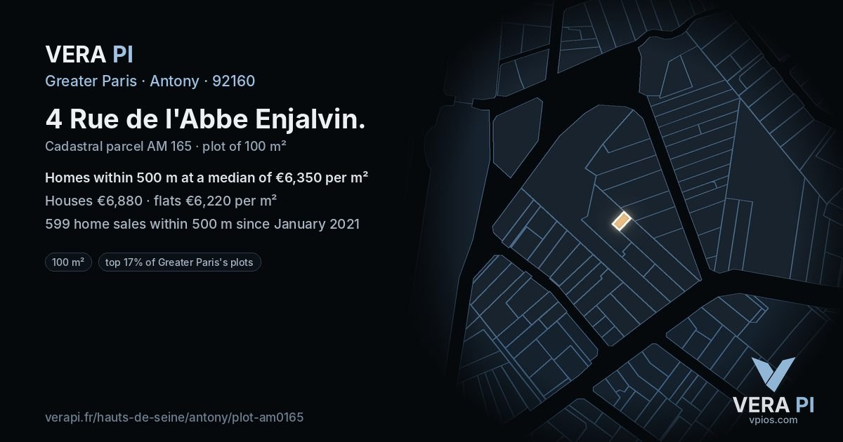 4 Rue de l'Abbe Enjalvin, Antony at night – the plot lit, the parcels around coloured by the prices near them