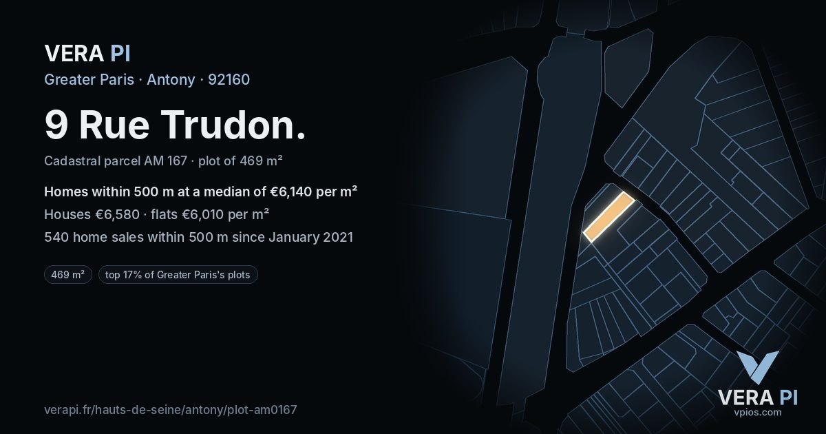 9 Rue Trudon, Antony at night – the plot lit, the parcels around coloured by the prices near them