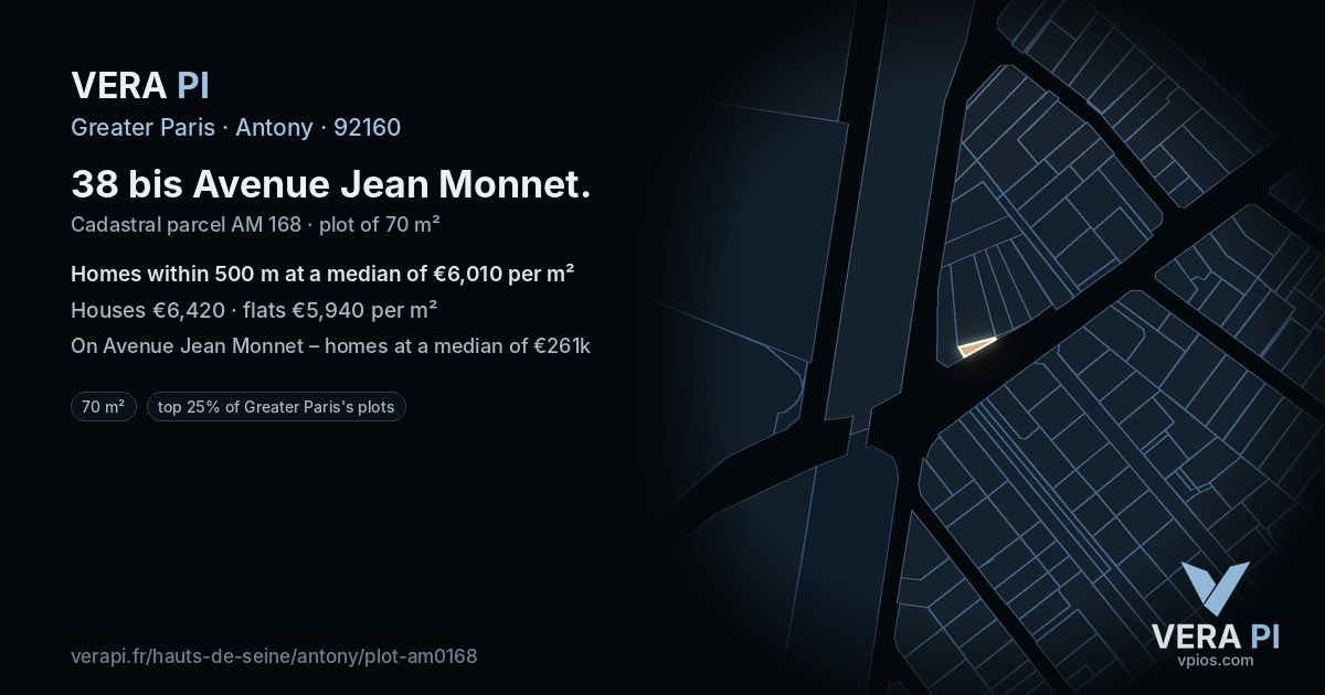 38 bis Avenue Jean Monnet, Antony at night – the plot lit, the parcels around coloured by the prices near them