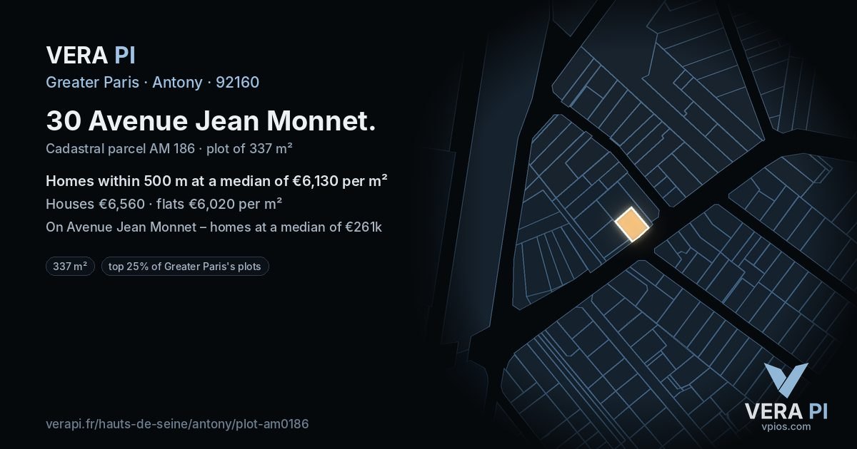 30 Avenue Jean Monnet, Antony at night – the plot lit, the parcels around coloured by the prices near them