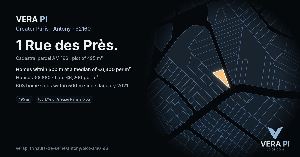 1 Rue des Près, Antony at night – the plot lit, the parcels around coloured by the prices near them