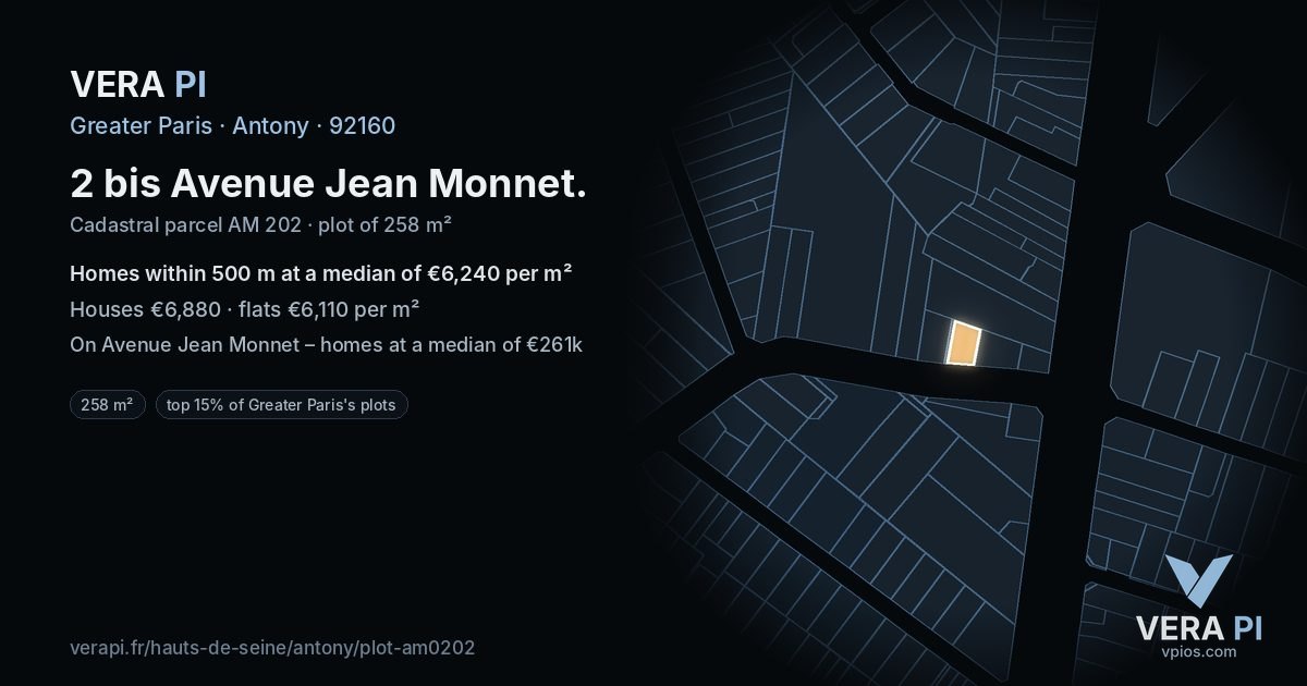 2 bis Avenue Jean Monnet, Antony at night – the plot lit, the parcels around coloured by the prices near them