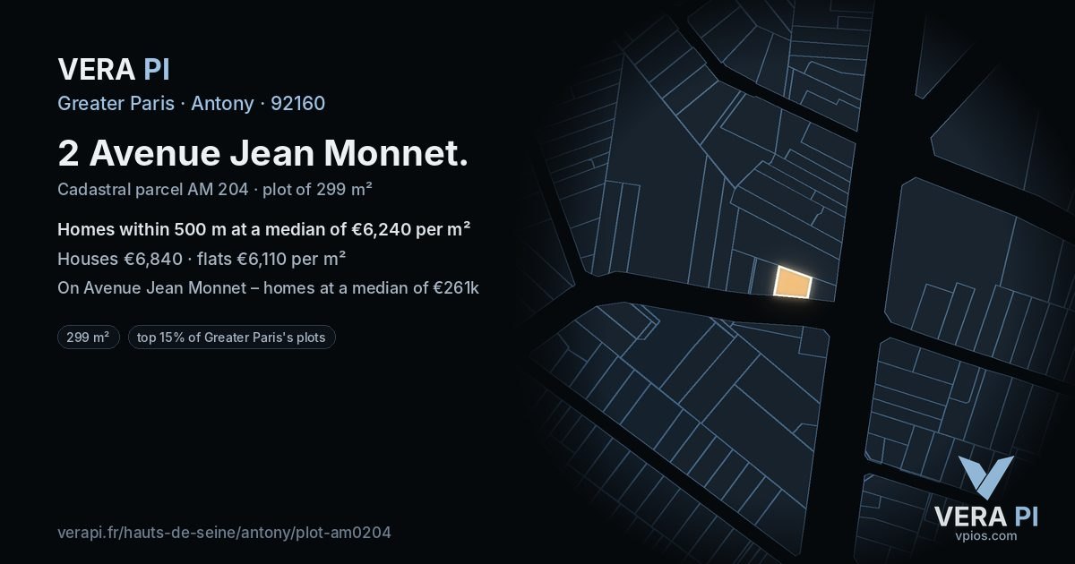 2 Avenue Jean Monnet, Antony at night – the plot lit, the parcels around coloured by the prices near them