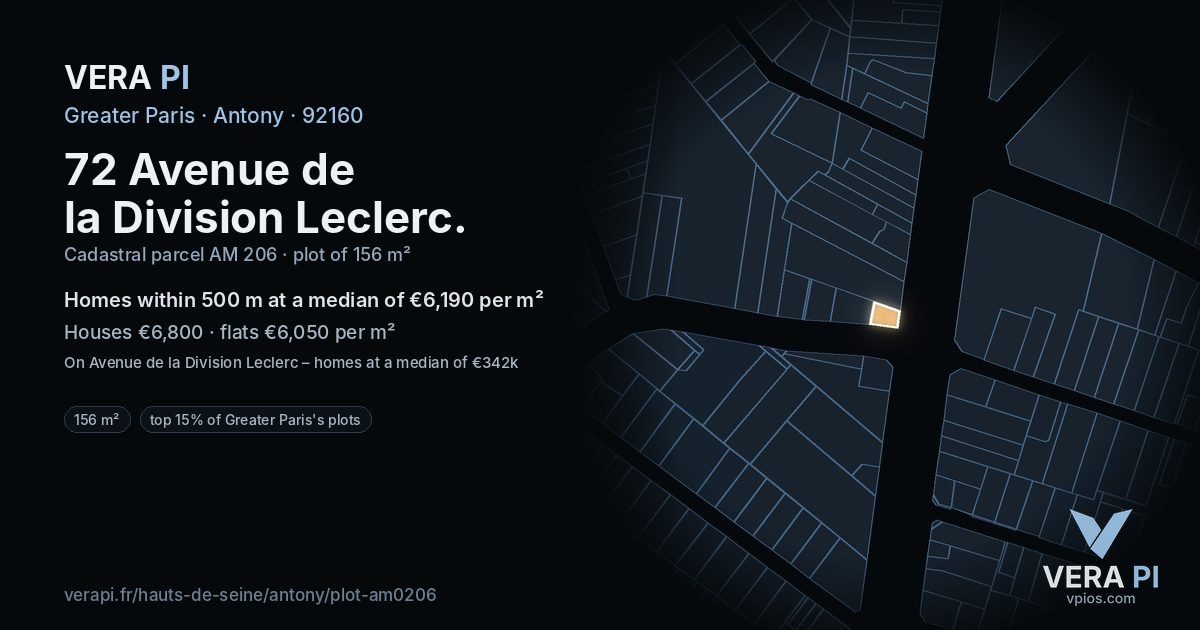 72 Avenue de la Division Leclerc, Antony at night – the plot lit, the parcels around coloured by the prices near them