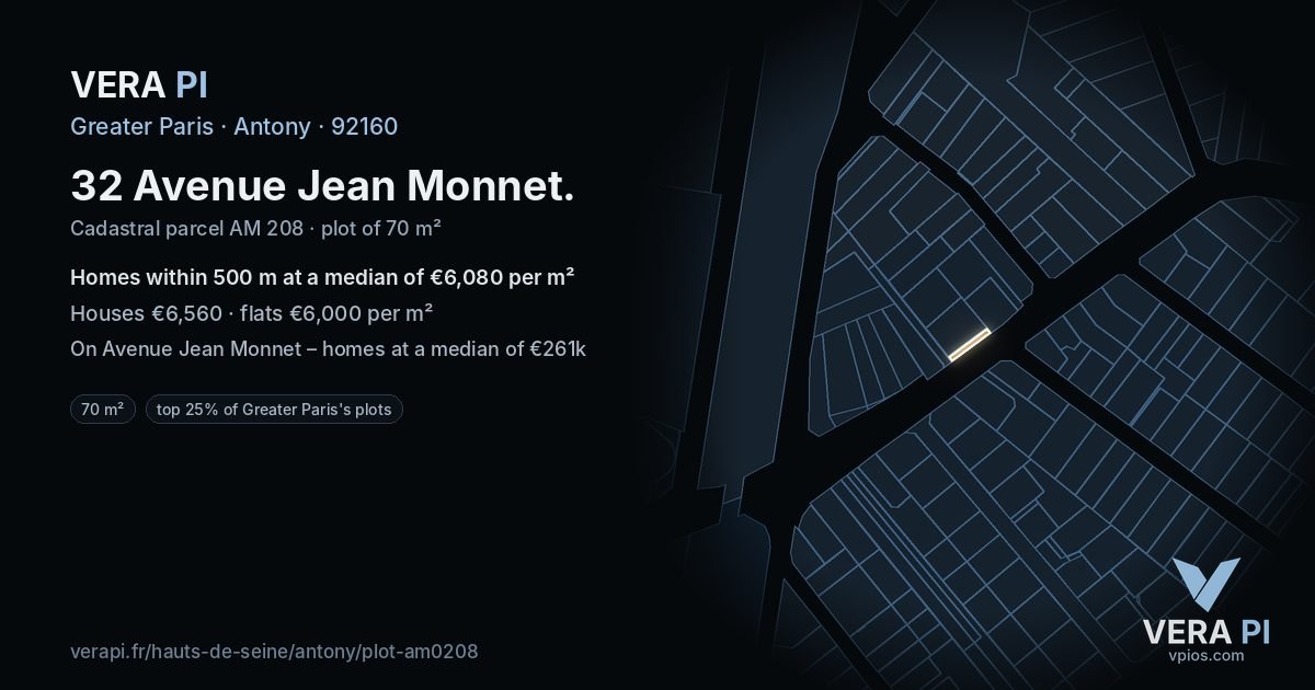 32 Avenue Jean Monnet, Antony at night – the plot lit, the parcels around coloured by the prices near them