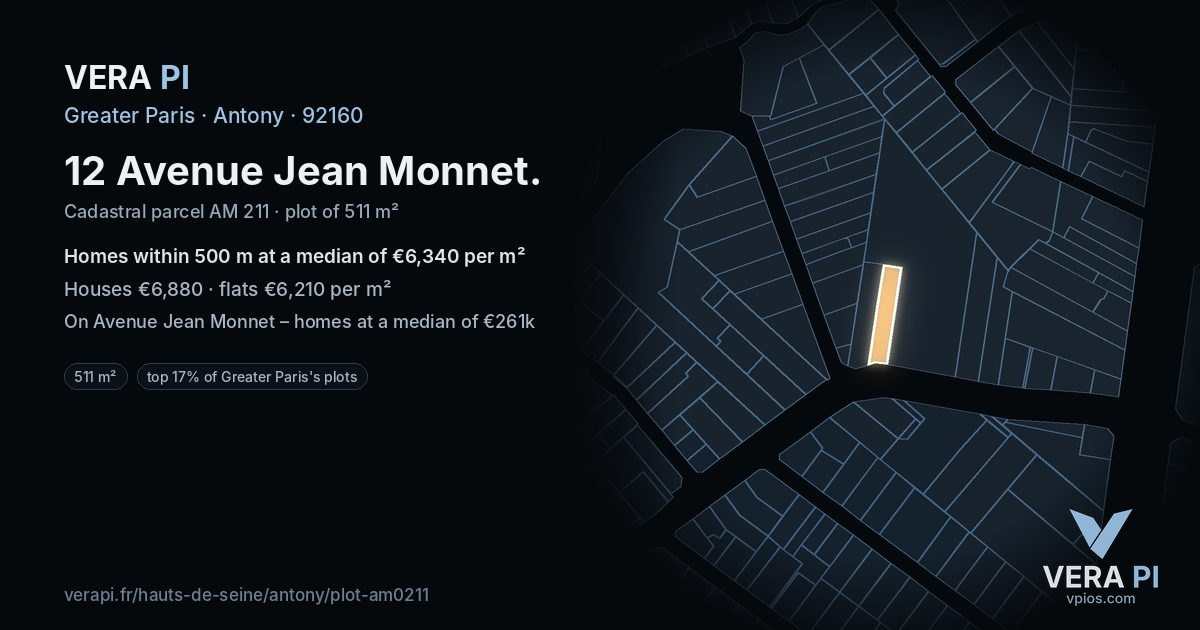 12 Avenue Jean Monnet, Antony at night – the plot lit, the parcels around coloured by the prices near them