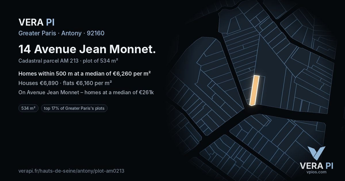 14 Avenue Jean Monnet, Antony at night – the plot lit, the parcels around coloured by the prices near them