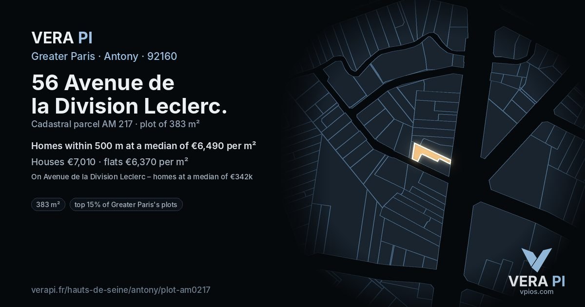 56 Avenue de la Division Leclerc, Antony at night – the plot lit, the parcels around coloured by the prices near them