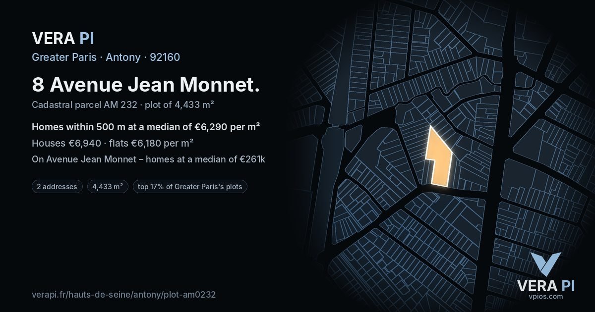 8 Avenue Jean Monnet, Antony at night – the plot lit, the parcels around coloured by the prices near them