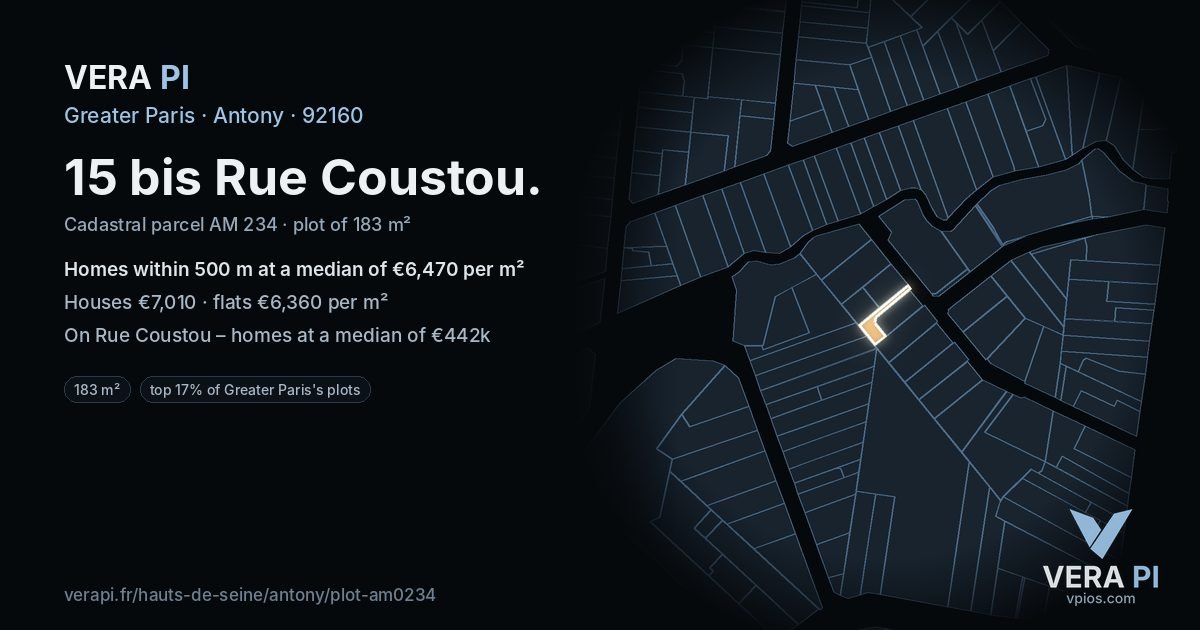 15 bis Rue Coustou, Antony at night – the plot lit, the parcels around coloured by the prices near them
