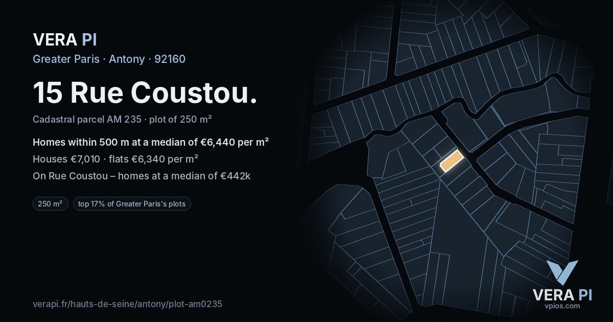 15 Rue Coustou, Antony at night – the plot lit, the parcels around coloured by the prices near them