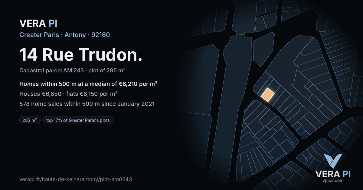 14 Rue Trudon, Antony at night – the plot lit, the parcels around coloured by the prices near them