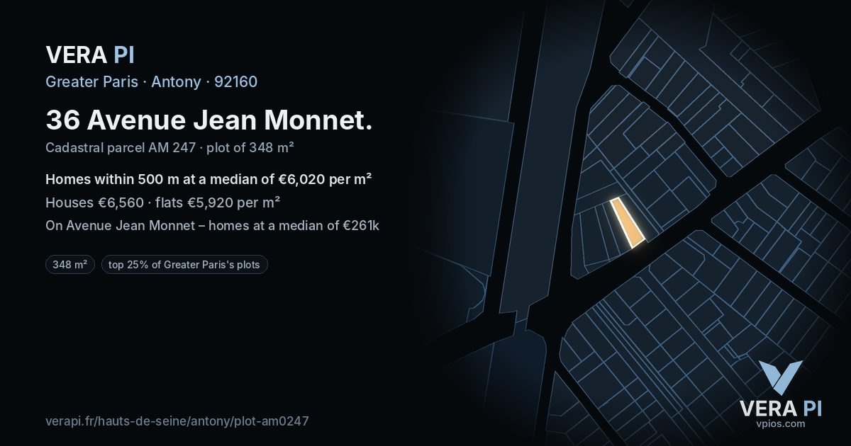 36 Avenue Jean Monnet, Antony at night – the plot lit, the parcels around coloured by the prices near them