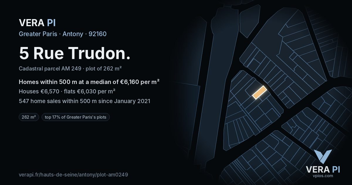 5 Rue Trudon, Antony at night – the plot lit, the parcels around coloured by the prices near them