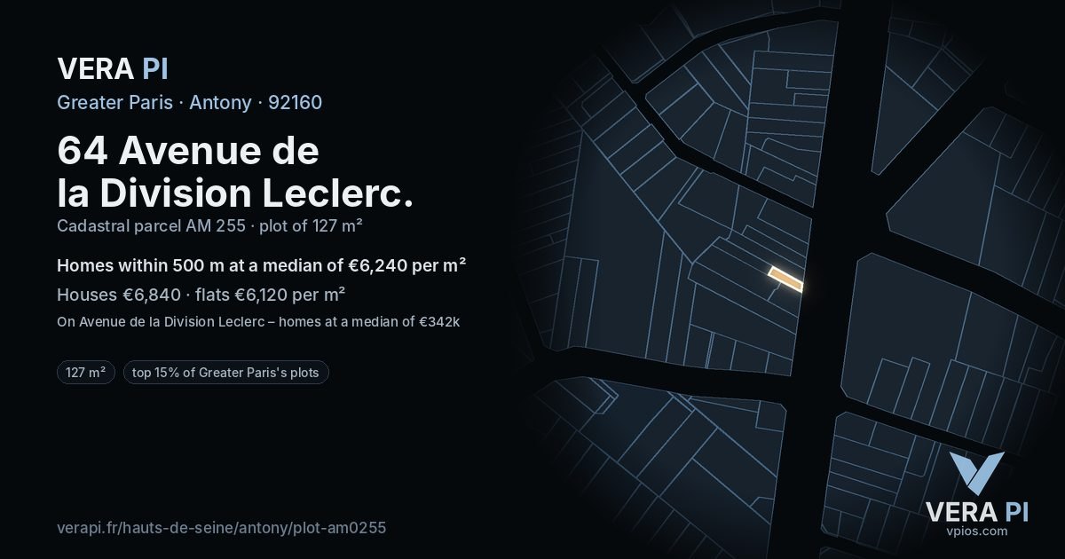 64 Avenue de la Division Leclerc, Antony at night – the plot lit, the parcels around coloured by the prices near them