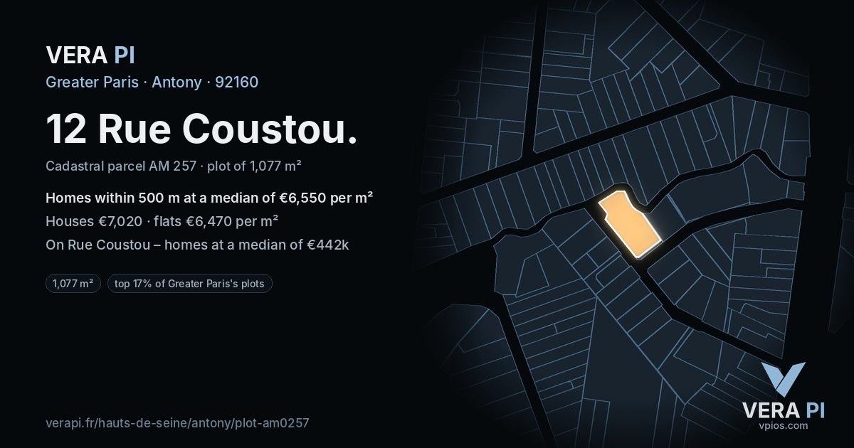12 Rue Coustou, Antony at night – the plot lit, the parcels around coloured by the prices near them
