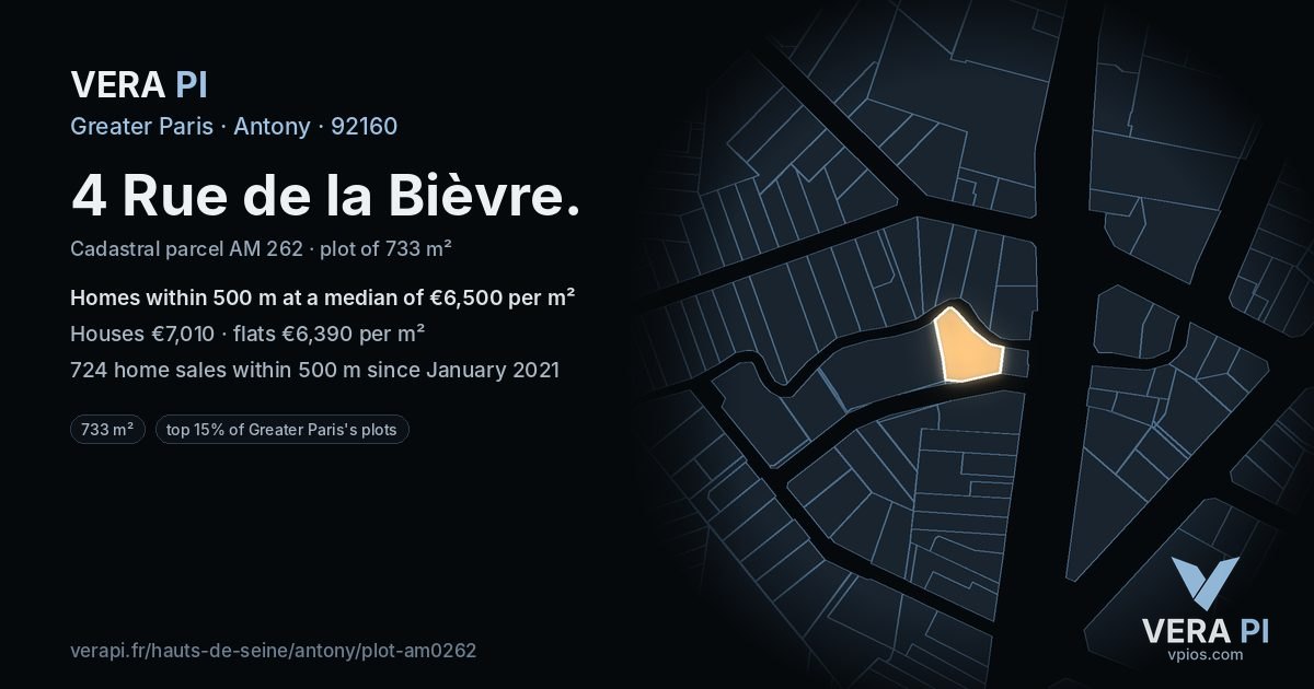 4 Rue de la Bièvre, Antony at night – the plot lit, the parcels around coloured by the prices near them