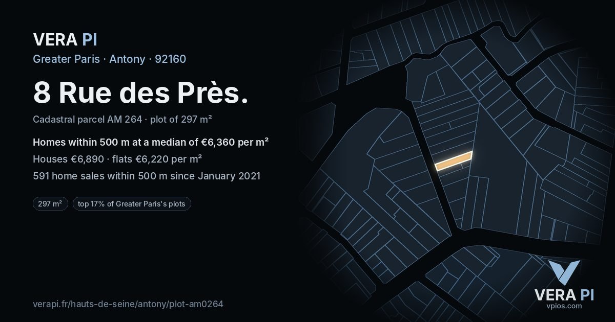 8 Rue des Près, Antony at night – the plot lit, the parcels around coloured by the prices near them
