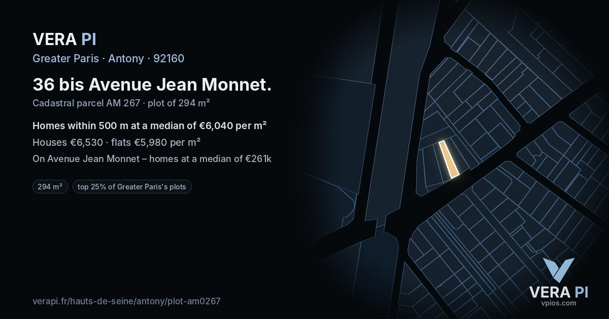 36 bis Avenue Jean Monnet, Antony at night – the plot lit, the parcels around coloured by the prices near them