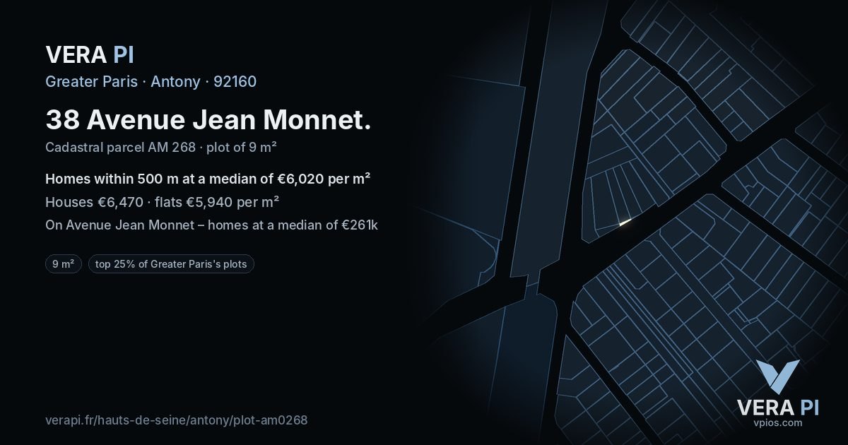 38 Avenue Jean Monnet, Antony at night – the plot lit, the parcels around coloured by the prices near them