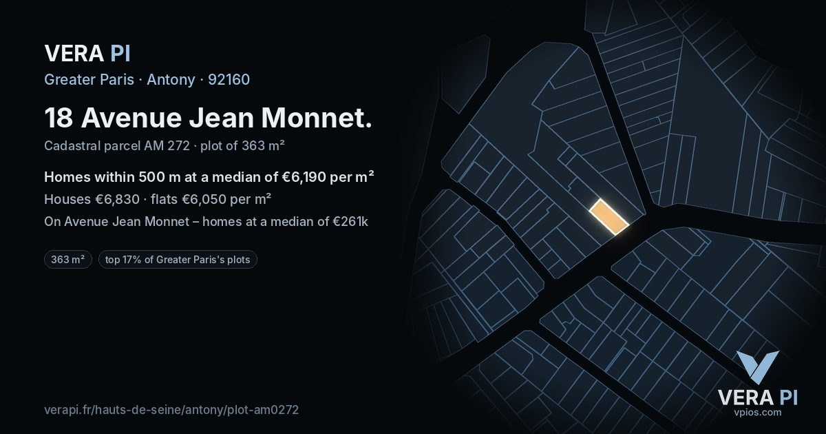 18 Avenue Jean Monnet, Antony at night – the plot lit, the parcels around coloured by the prices near them