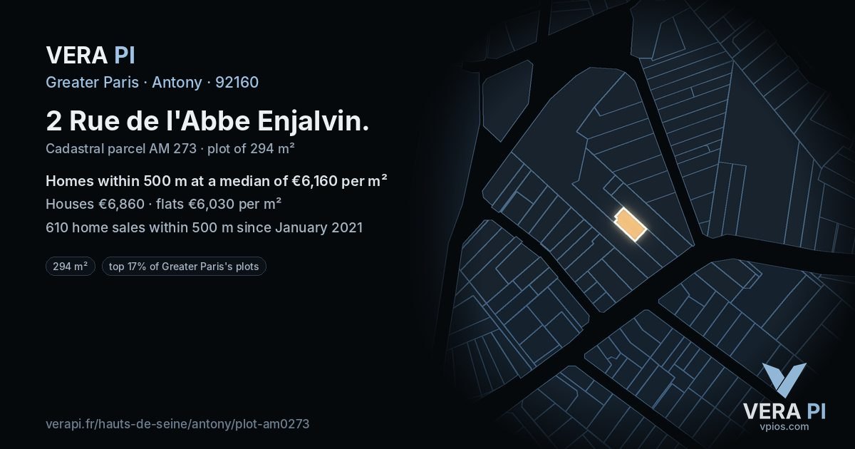 2 Rue de l'Abbe Enjalvin, Antony at night – the plot lit, the parcels around coloured by the prices near them