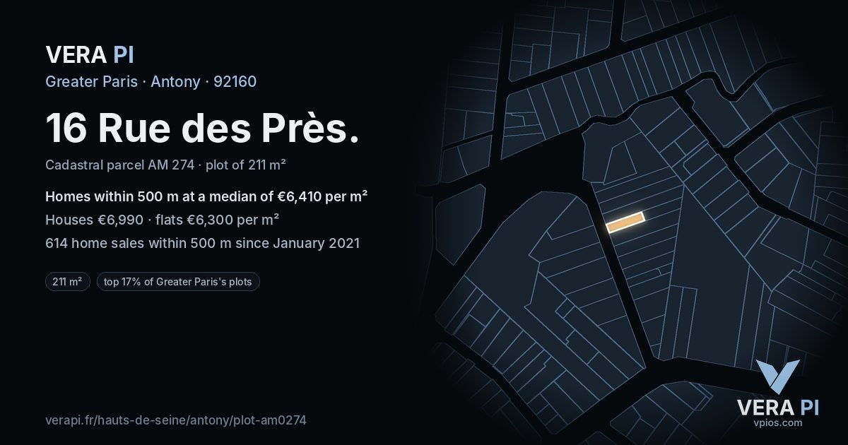 16 Rue des Près, Antony at night – the plot lit, the parcels around coloured by the prices near them
