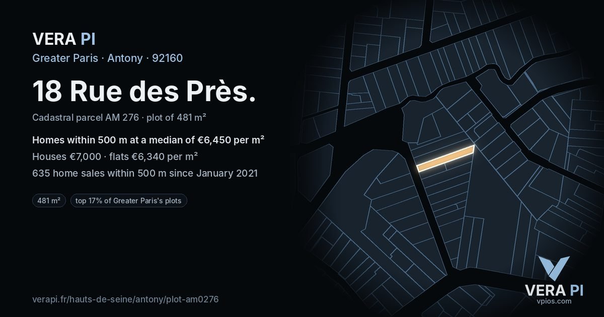 18 Rue des Près, Antony at night – the plot lit, the parcels around coloured by the prices near them