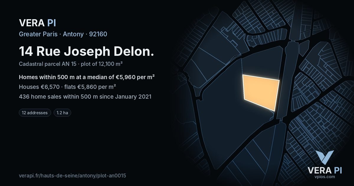 14 Rue Joseph Delon, Antony at night – the plot lit, the parcels around coloured by the prices near them