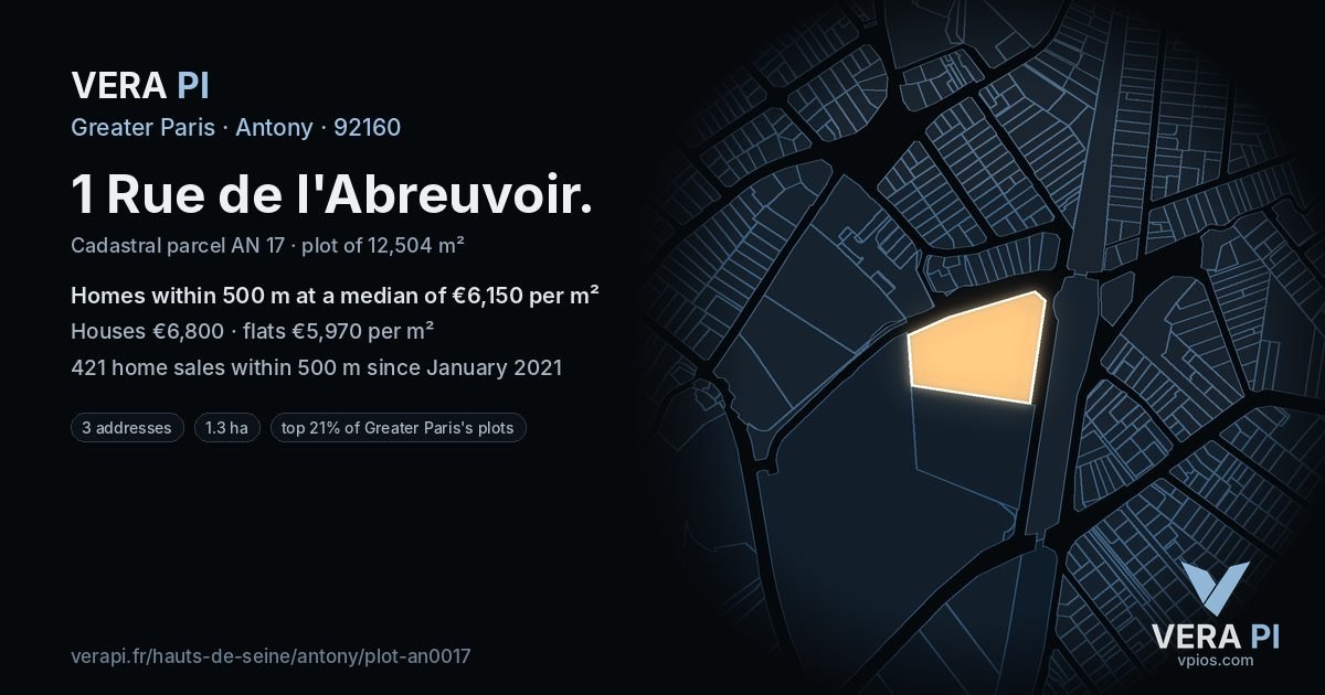 1 Rue de l'Abreuvoir, Antony at night – the plot lit, the parcels around coloured by the prices near them