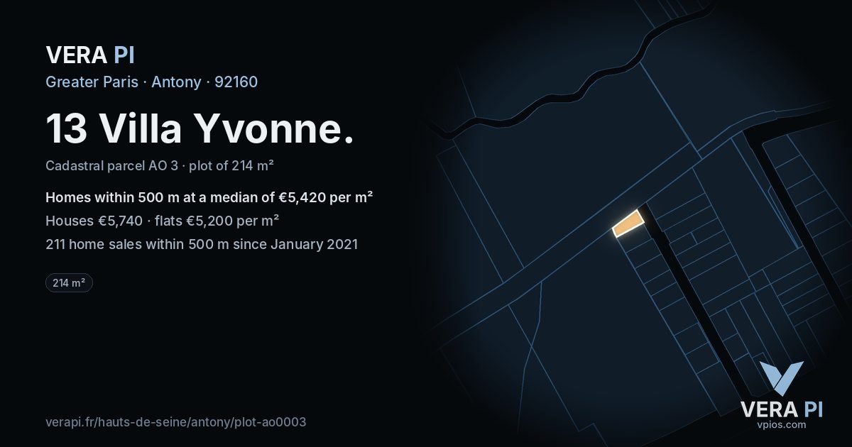 13 Villa Yvonne, Antony at night – the plot lit, the parcels around coloured by the prices near them
