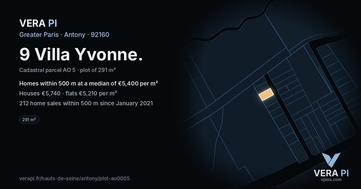 9 Villa Yvonne, Antony at night – the plot lit, the parcels around coloured by the prices near them