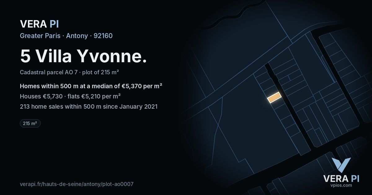5 Villa Yvonne, Antony at night – the plot lit, the parcels around coloured by the prices near them
