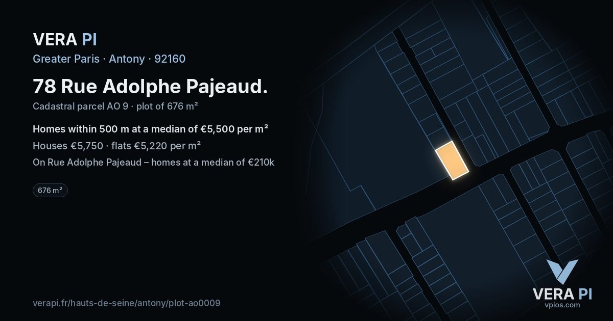 78 Rue Adolphe Pajeaud, Antony at night – the plot lit, the parcels around coloured by the prices near them