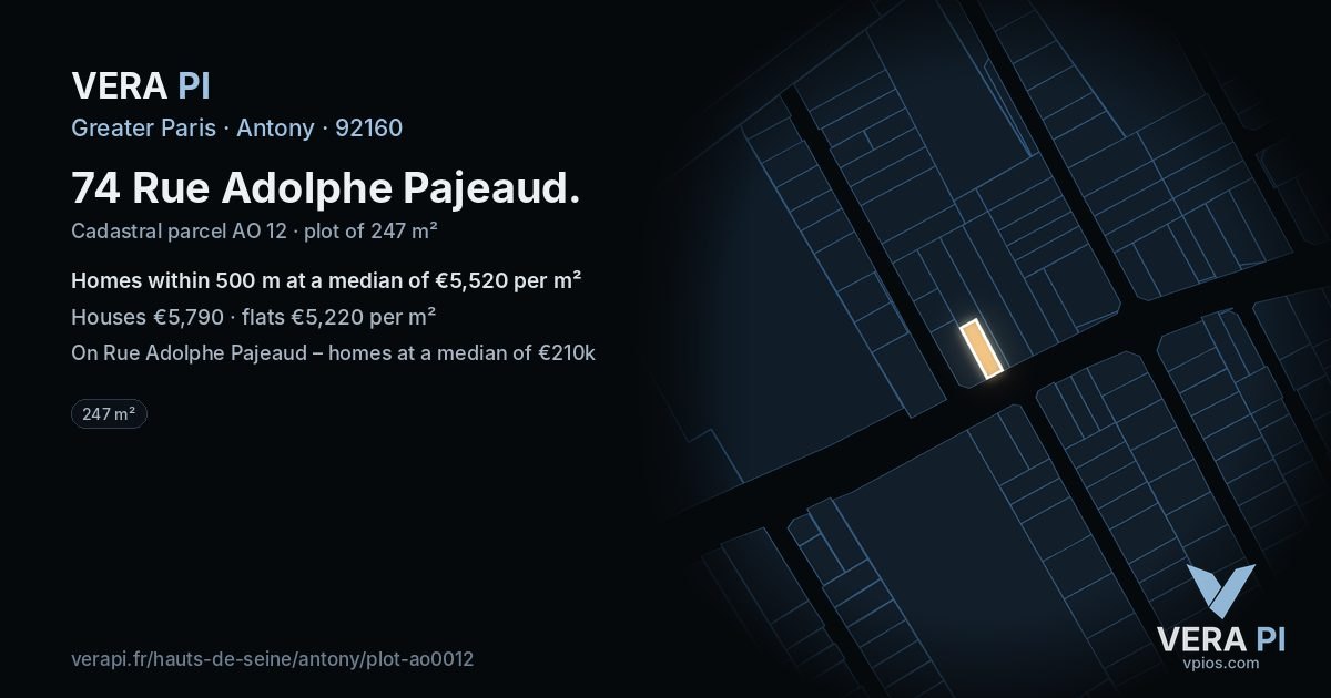 74 Rue Adolphe Pajeaud, Antony at night – the plot lit, the parcels around coloured by the prices near them